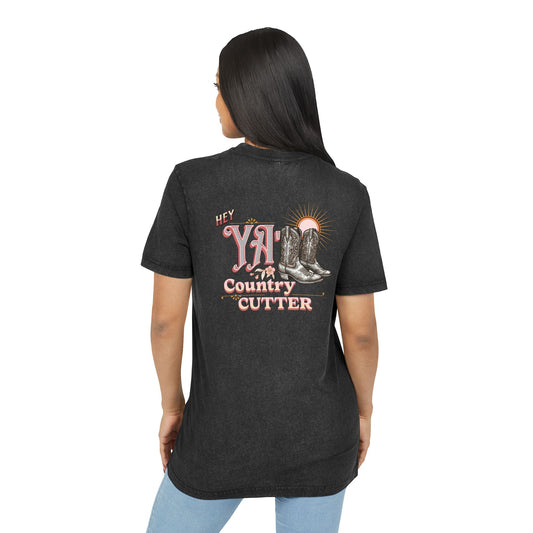 Woman’s Acid Washed Round Neck Tee - 'Hey Ya' Graphic Design